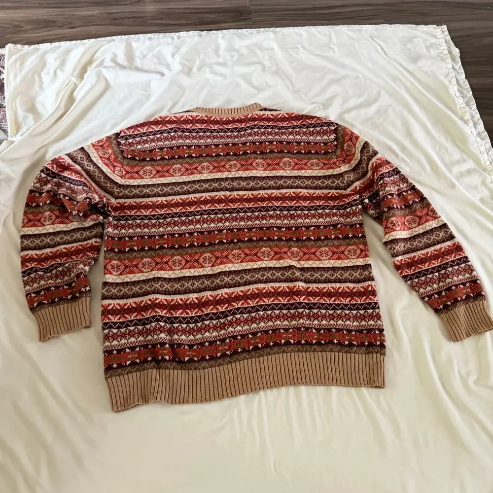 Vtg Y2K 2000s Orange Stipe Pullover Wool Sweater XL Nordic Fair Isle Knit
